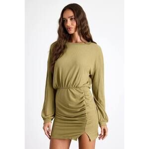 Lulus Tionne Light Olive Ribbed Long Sleeve Mini Dress Green - Size XL